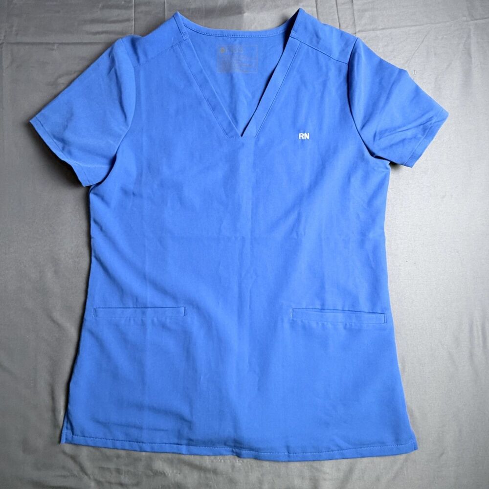 FIGS Technical Collection Blue Scrub Top Women Small Pocket & Embroidered RN